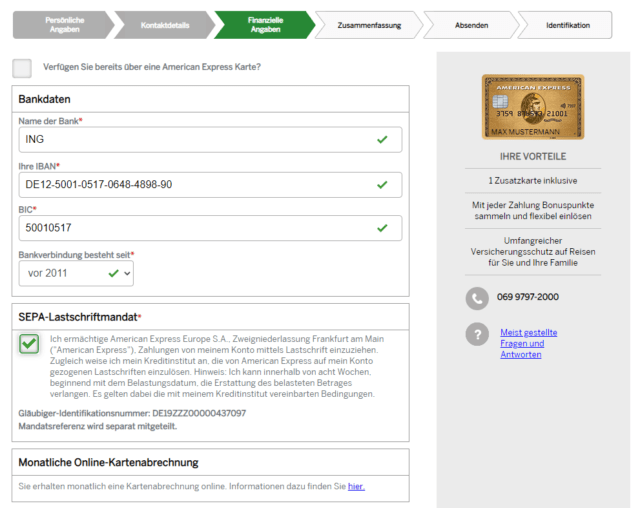 Der offene Kreditkartensaldo wird von Amex mittels SEPA-Lastschriftmandat eingezogen. Diese Erlaubnis müssen Sie der Bank im dritten Schritt erteilen, um fortfahren zu können.