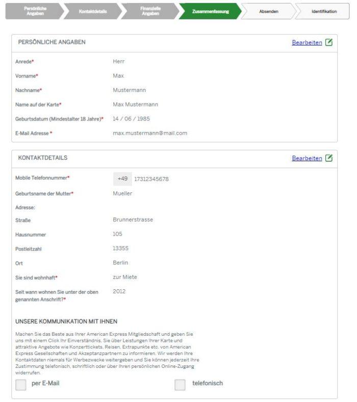 Mit der Zusammenfassung gibt Amex Ihnen die Möglichkeit, die von Ihnen angegebenen Infos zu überprüfen und gegebenenfalls auch noch abzuändern.