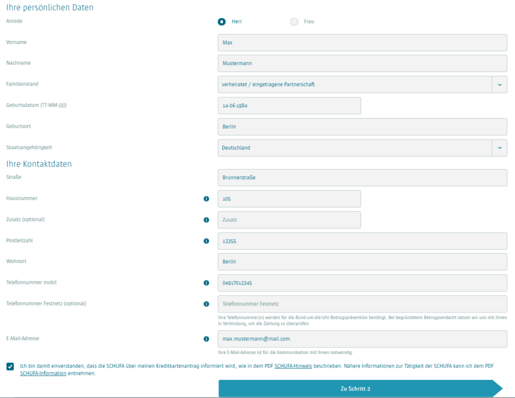 Nun wird es Zeit für die persönlichen Angaben. <strong>Hinweis:</strong> Hier müssen Sie außerdem bestätigen, dass die Bank dazu berechtigt ist, eine SCHUFA-Auskunft einzuholen.
